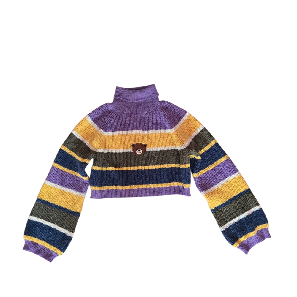 Romwe Kawaii Striped Pattern Bear Embroidery Raglan Sleeve Crop Sweater Size M